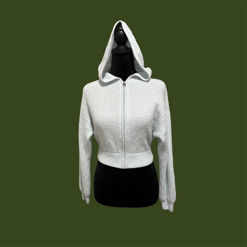 Magaschoni Hoodie Mint Green 100% Cashmere Waffle Knit Cropped Zip EUC